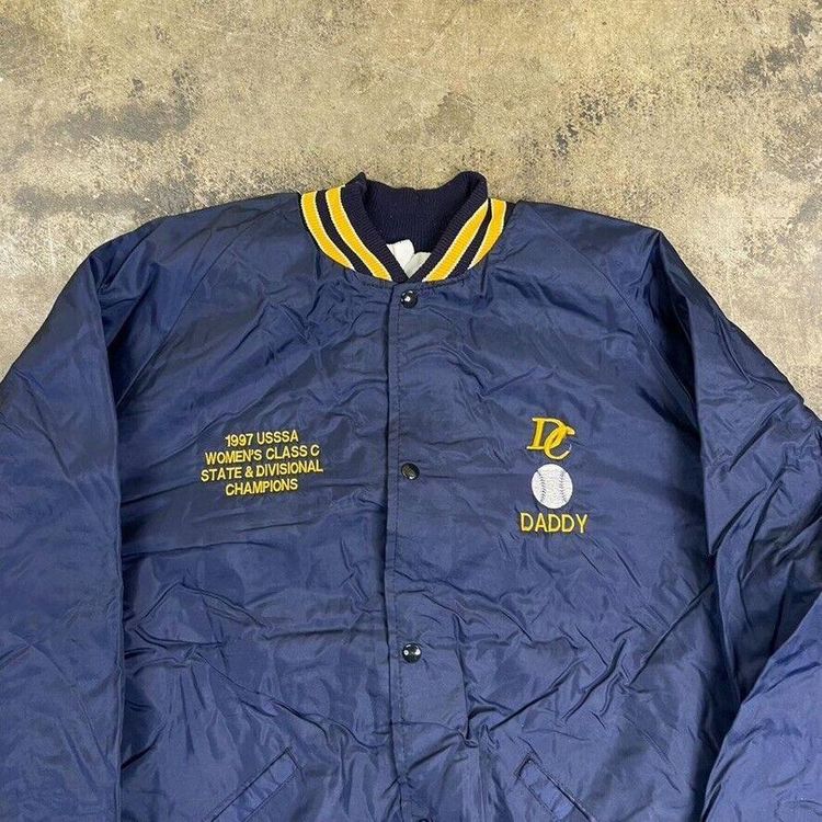 Vintage Bomber Jacket Satin USA Baseball 90s Sports Coat Navy Blue Mens XL 4