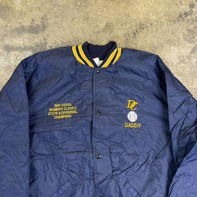 Vintage Bomber Jacket Satin USA Baseball 90s Sports Coat Navy Blue Mens XL 4