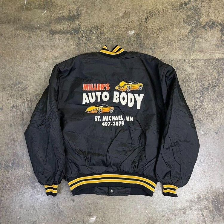 Vintage Bomber Jacket Satin USA Baseball 90s Sports Coat Black Mens XL image 1