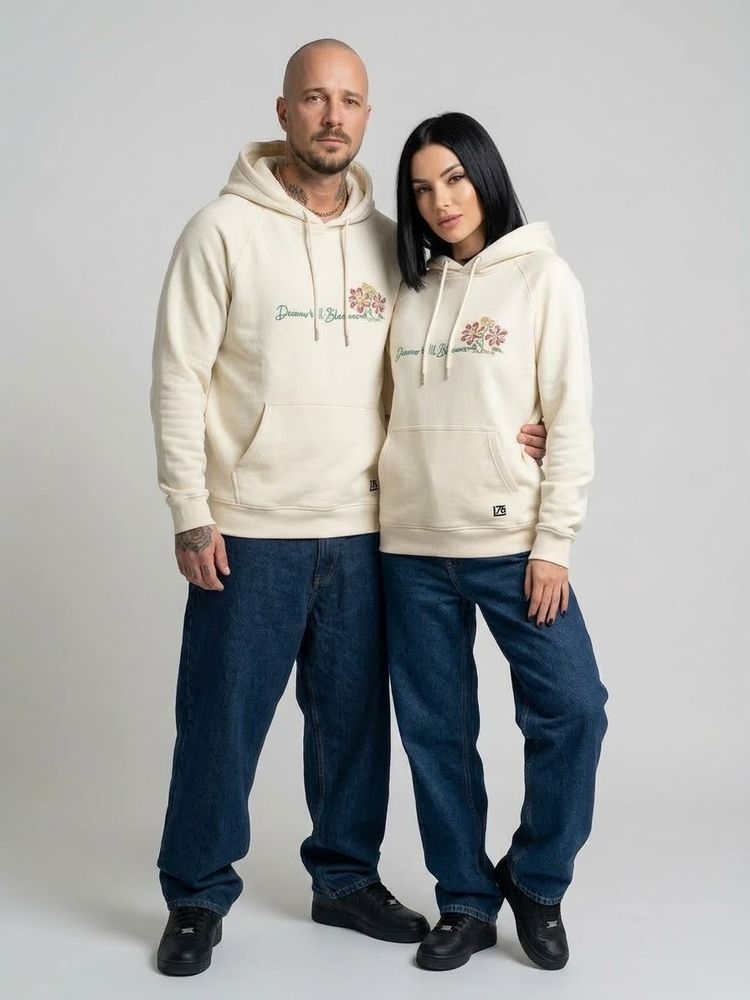Cream Hoodies With Floral Embroidery