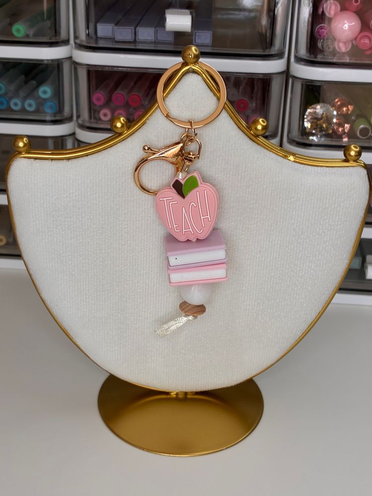 Pink Apple And Books Keychain