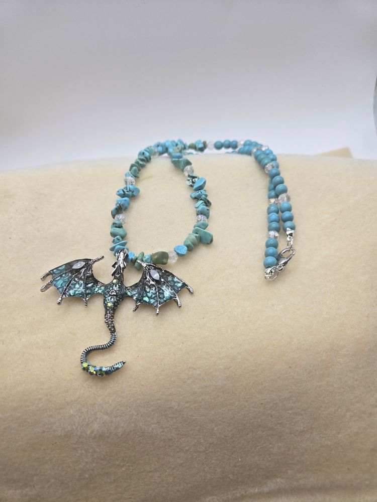 Dragon Pendant Necklace With Blue Beads image 1
