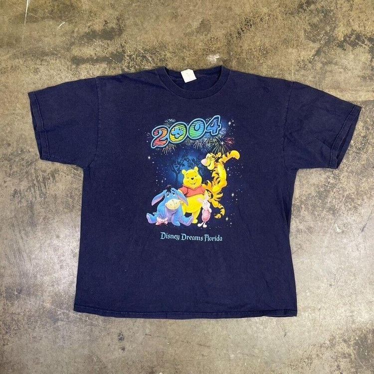 Disney Land Graphic T-Shirt Y2K Winnie Tigger USA Tee, Navy Mens XL