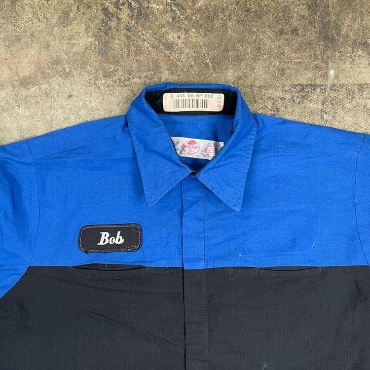 Red Kap Work Shirt Workwear Mechanic Button Down, Black Blue, Mens Large 2