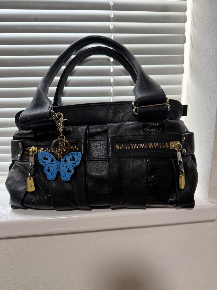 Black Leather CHLOE Handbag With Blue Butterfly Charm