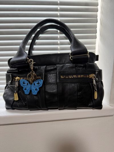 Black Leather CHLOE Handbag With Blue Butterfly Charm