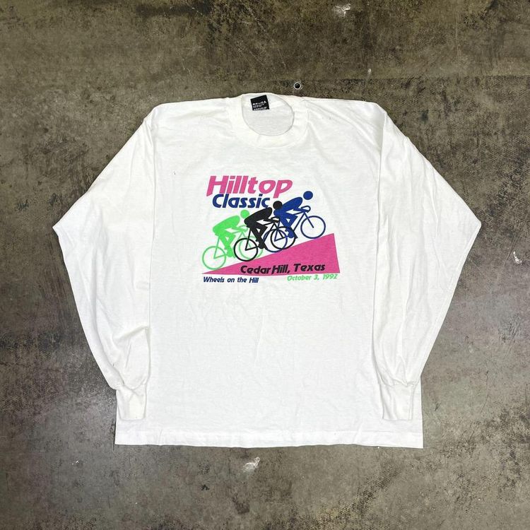 Cycling Graphic T-Shirt 90s Long Sleeve Single Stitch Tee, White Mens XL