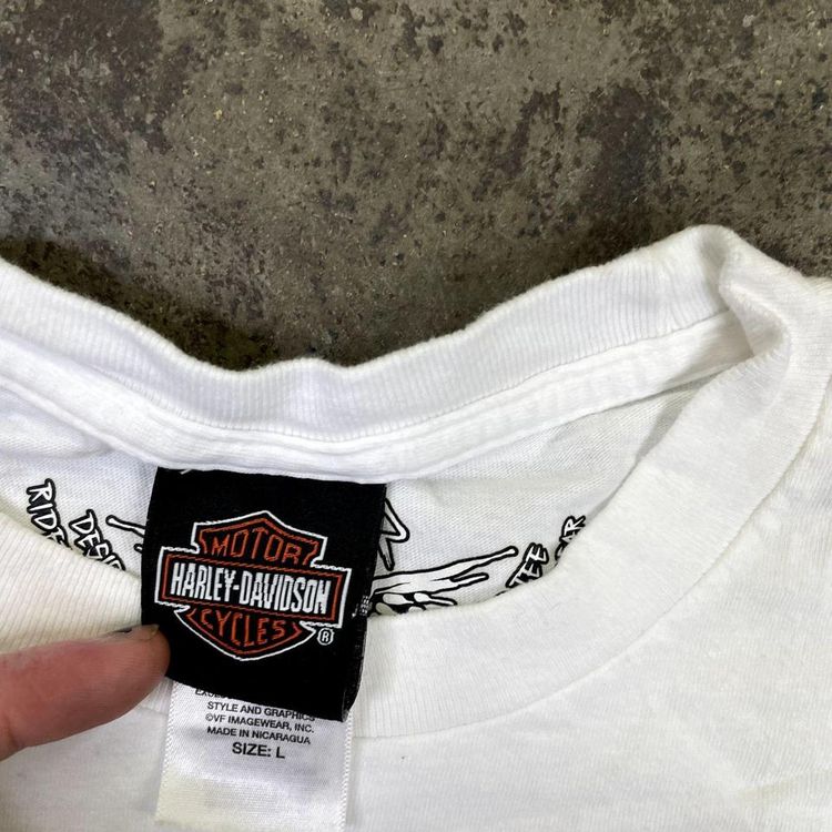 Harley Davidson T-Shirt Y2K Eagle Flame Biker Graphic Tee, White, Mens Large image 7