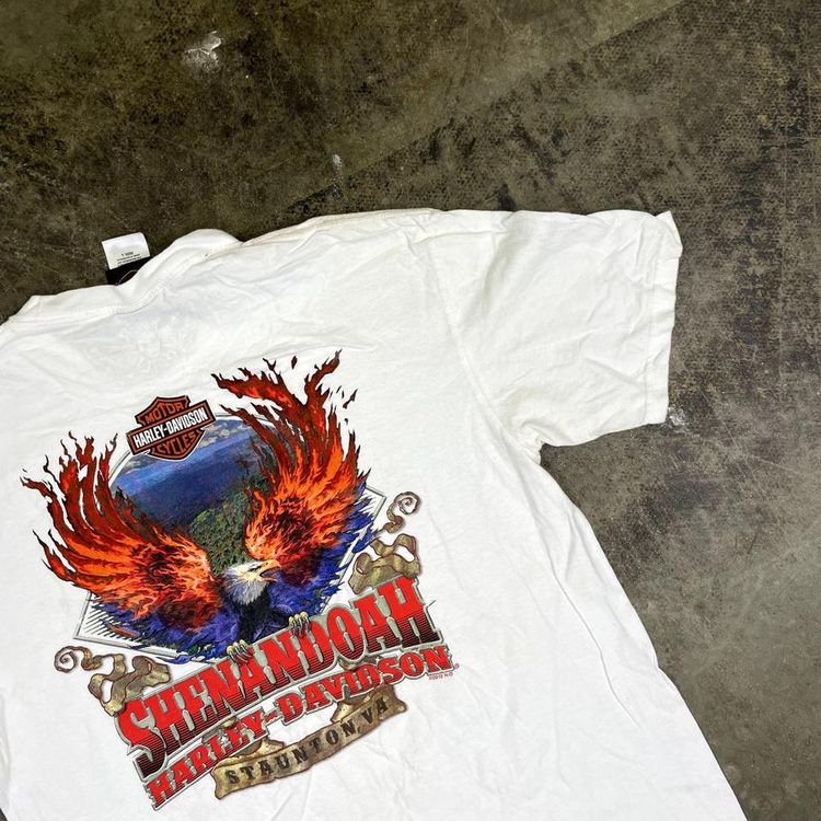Harley Davidson T-Shirt Y2K Eagle Flame Biker Graphic Tee, White, Mens Large image 8
