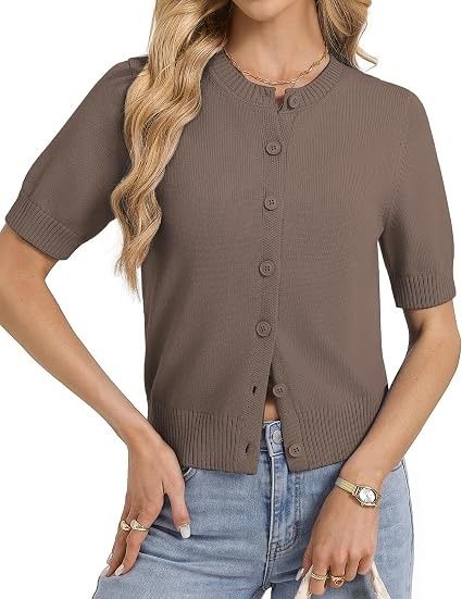 Brown Short Sleeve Button-Up Cardigan image 1