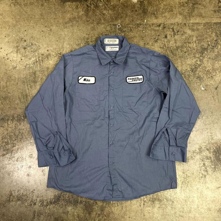 Workwear Shirt Button Up Vintage Long Sleeve Vintage Top, Blue, Mens Large image 1