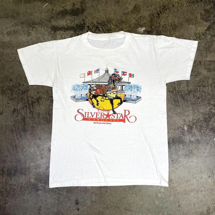Vintage Carousel Graphic T-Shirt 90s USA Single Stitch Tee White Mens Large
