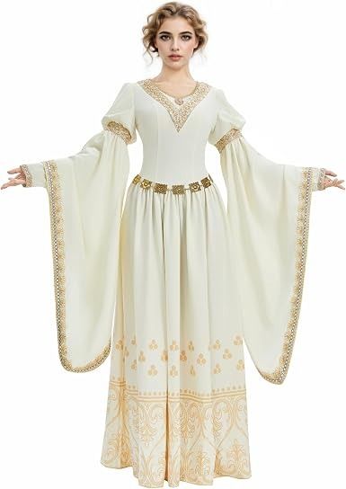 White Medieval Style Dress With Gold Embroidery imagen 3