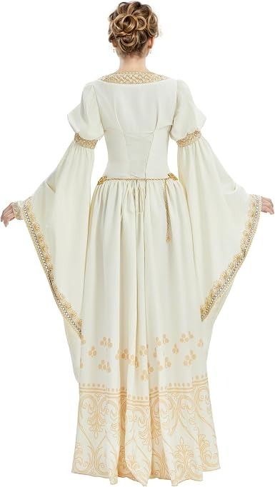 White Medieval Style Dress With Gold Embroidery imagen 1