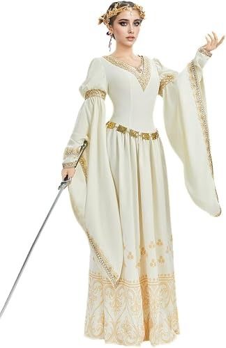 White Medieval Style Dress With Gold Embroidery imagen 4
