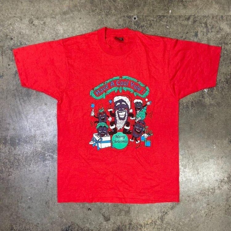 Yule Log USA Graphic T-Shirt Vintage 90s Single Stitch Tee, Red, Mens Large