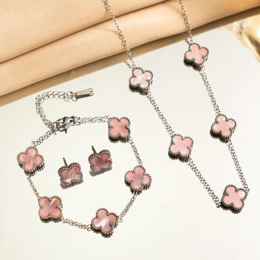 Pink Clover Jewelry Set Necklace Bracelet Earrings image 1