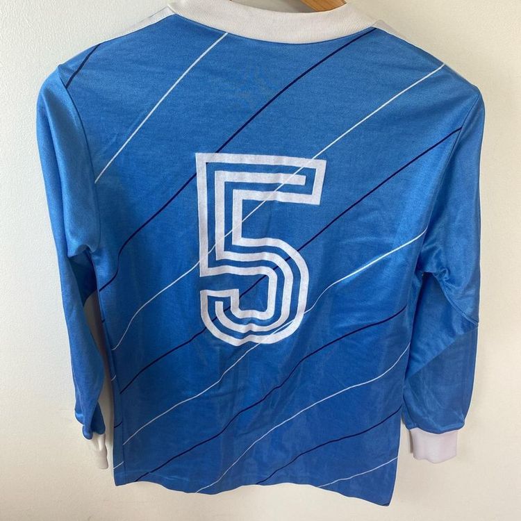 early 2000s vintage adidas long sleeve top in blue and white. Number 5 German top. 2