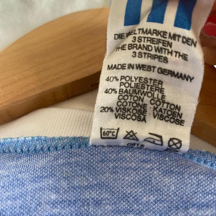early 2000s vintage adidas long sleeve top in blue and white. Number 5 German top. 5