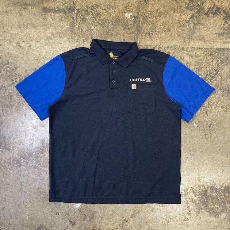 Carhartt Polo Shirt Y2K Short Sleeve Workwear Top, Navy Blue, Mens Large