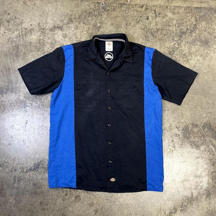 Dickies Work Shirt Workwear Mechanic Button Down Top, Black Blue, Mens Large image 1