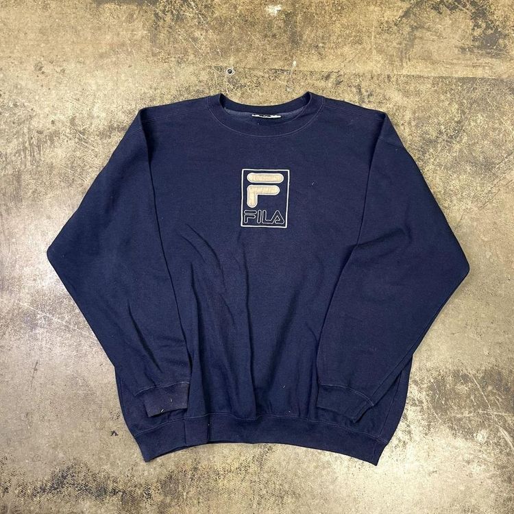 Fila Sweatshirt Vintage Y2K USA Spellout Sweater, Navy Blue, Mens 2XL