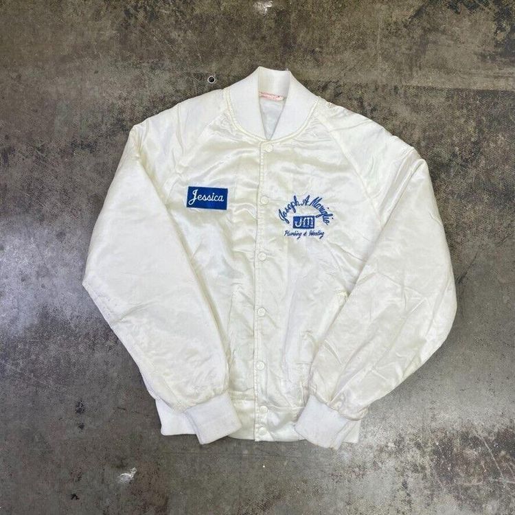 Vintage Bomber Jacket Satin USA Baseball 90s Sports Coat, White, Mens Small image 1