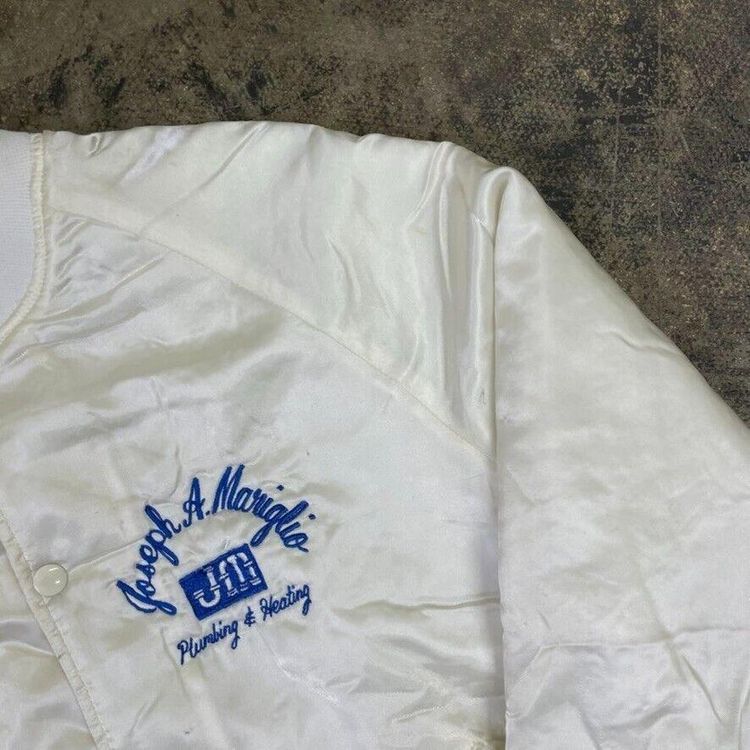 Vintage Bomber Jacket Satin USA Baseball 90s Sports Coat, White, Mens Small image 3