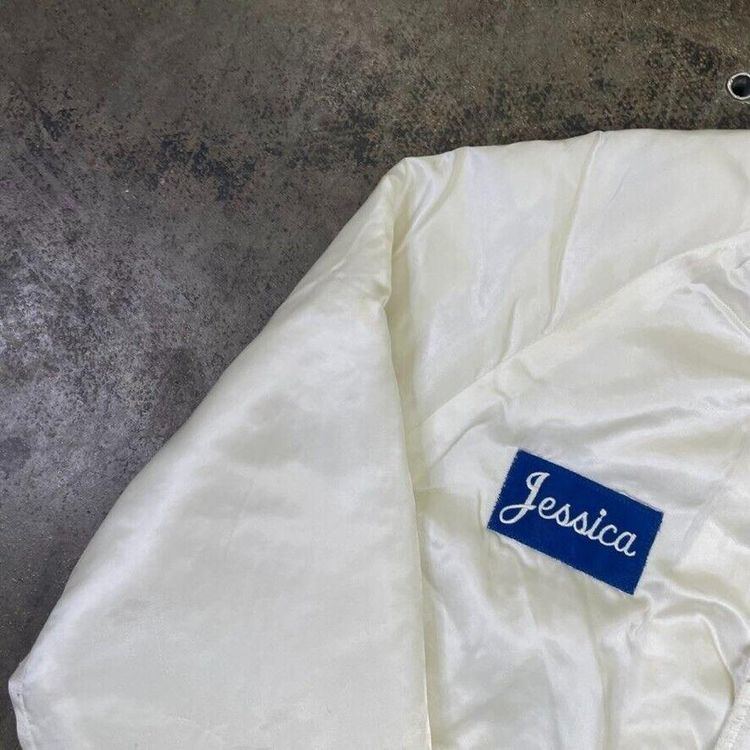 Vintage Bomber Jacket Satin USA Baseball 90s Sports Coat, White, Mens Small image 4