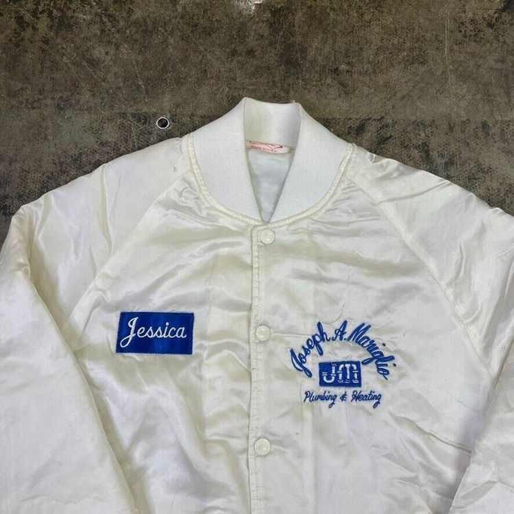 Vintage Bomber Jacket Satin USA Baseball 90s Sports Coat, White, Mens Small image 2