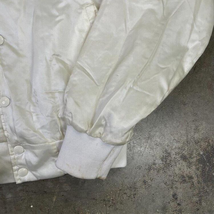 Vintage Bomber Jacket Satin USA Baseball 90s Sports Coat, White, Mens Small image 7