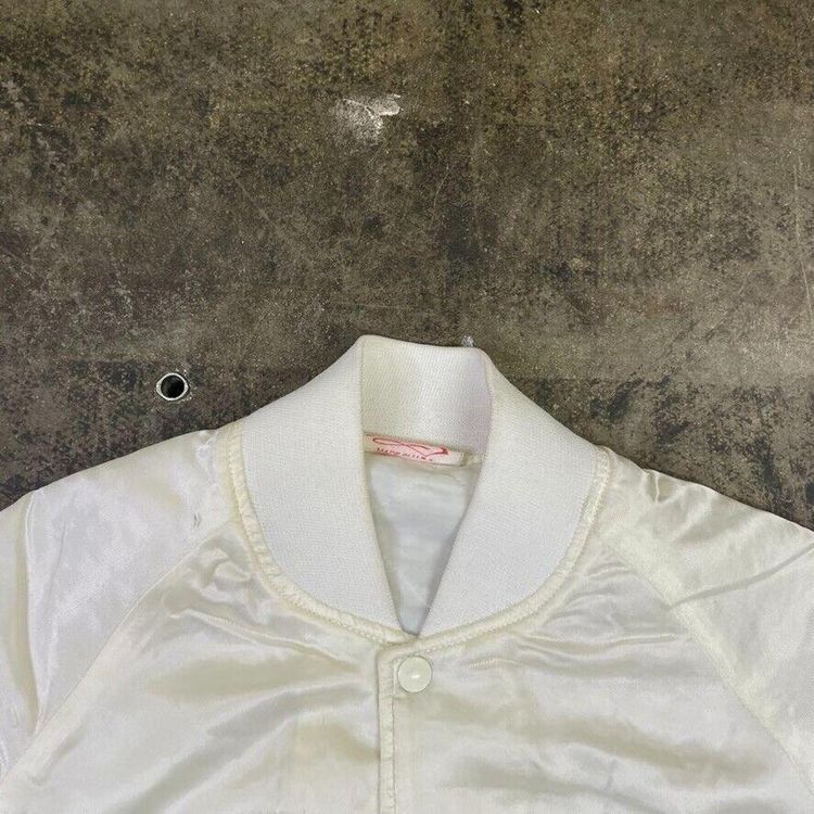Vintage Bomber Jacket Satin USA Baseball 90s Sports Coat, White, Mens Small image 6