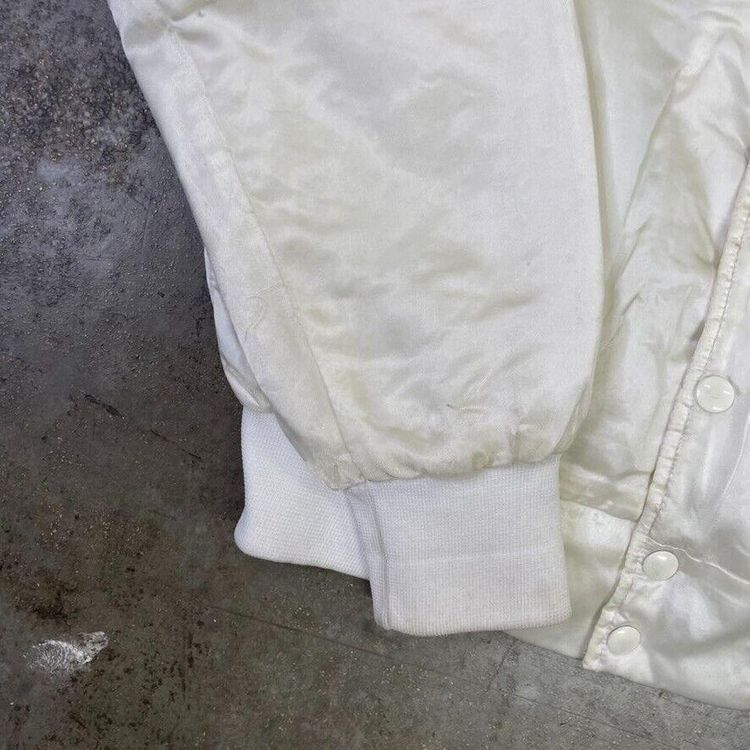 Vintage Bomber Jacket Satin USA Baseball 90s Sports Coat, White, Mens Small image 8