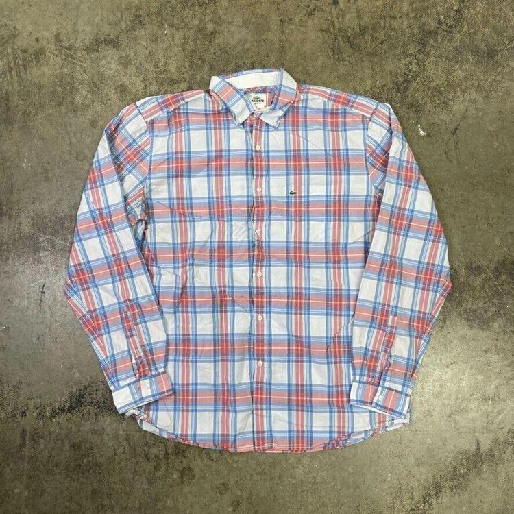 Lacoste Dress Shirt 90s Checkered Button Down Top, Red, Mens XL image 1