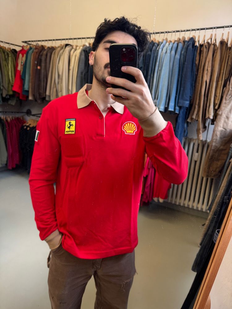 Red Long Sleeve Polo Shirt With Ferrari And Shell Logos