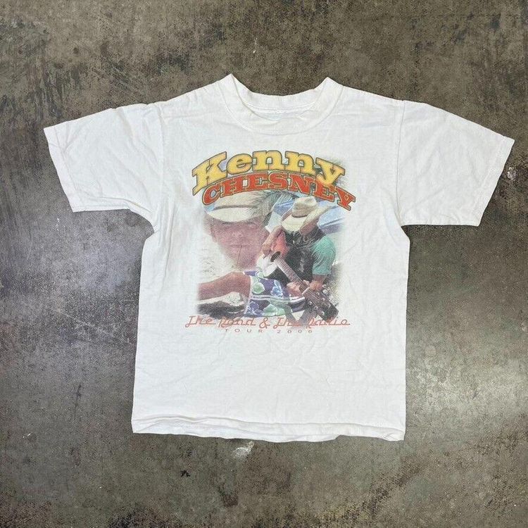 Music Country Vintage USA Graphic T-Shirt Kenny Chesney Y2K Tee, White Mens XS