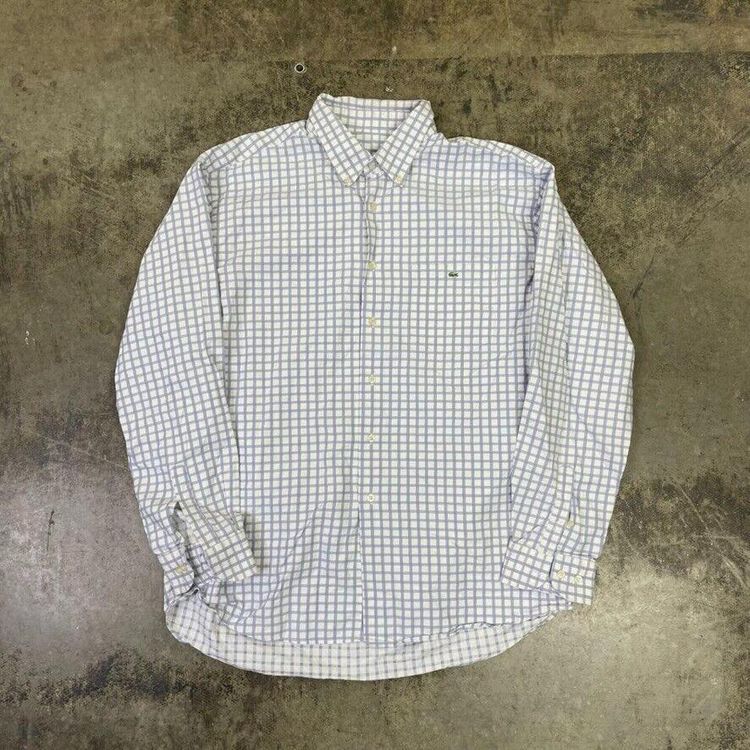 Lacoste Dress Shirt 90s Checkered Button Down Top, Blue, Mens 2XL image 1