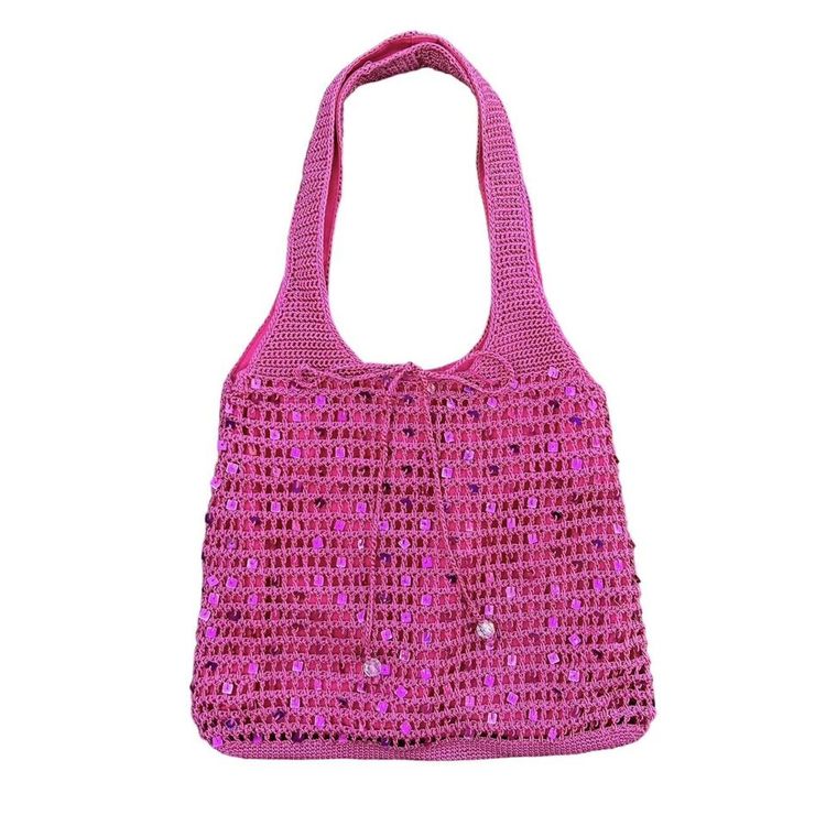 The cutest hot pink crochet mini tote bag with sequins all over image 1