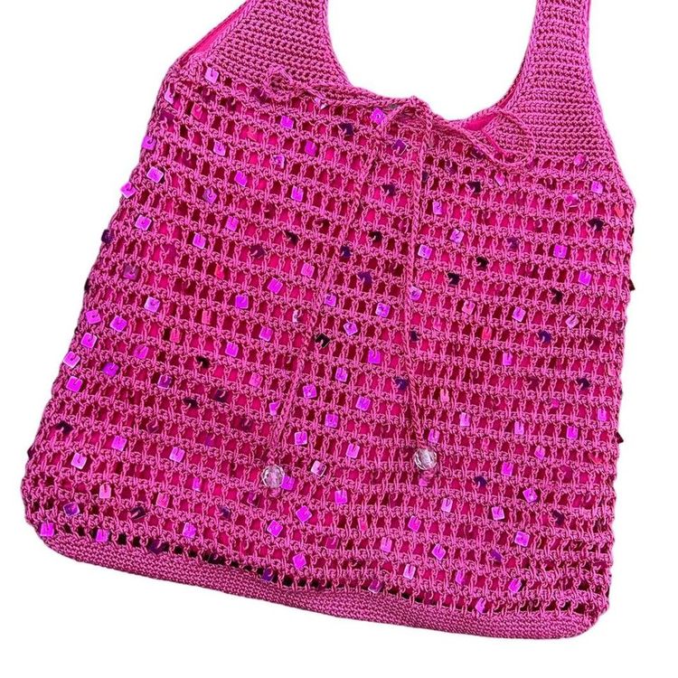 The cutest hot pink crochet mini tote bag with sequins all over obraz 2