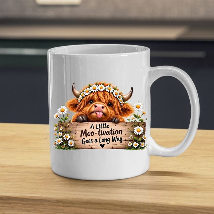Other Inspiring Mug A Little Moo-tivation Goes a Long Way Highland Cow 325ml Ceramic Coffee Mug – Cute Animal Tea Cup with Daisy Flower Crown & Wooden Sign | Available in Multicolours | Fast Dispatch by UK Seller (M1278) product image