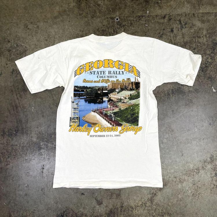 Hog State Rally T-Shirt Henley Graphic USA Y2K 2005 Biker Tee, Beige, Mens Small 7