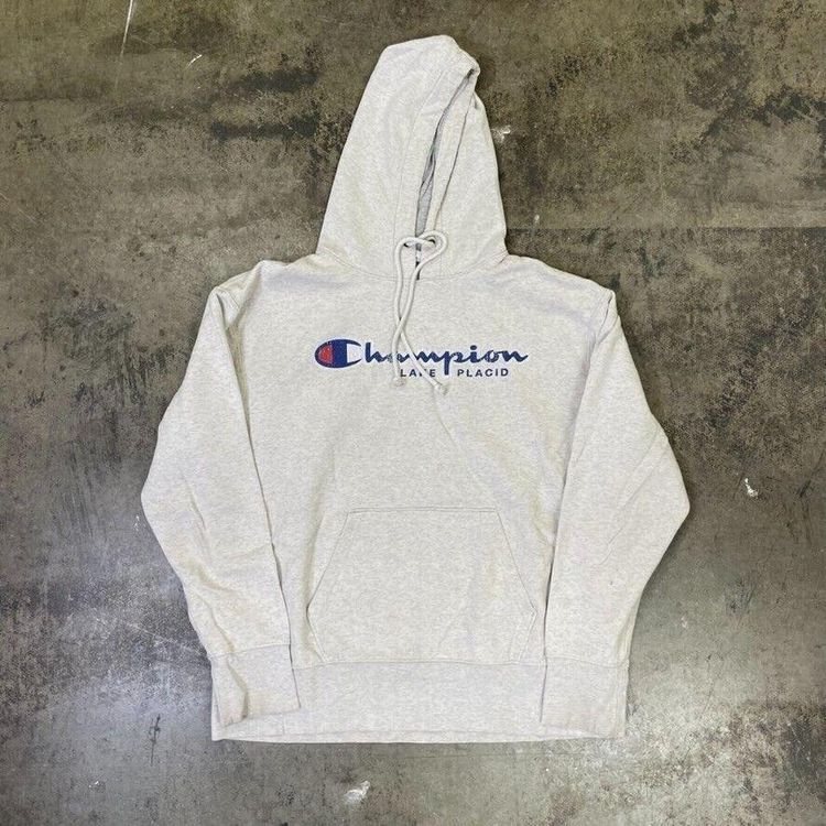 Champion Hoodie Lake Placid USA Vintage Y2K Sports Sweatshirt, Grey, Mens Large