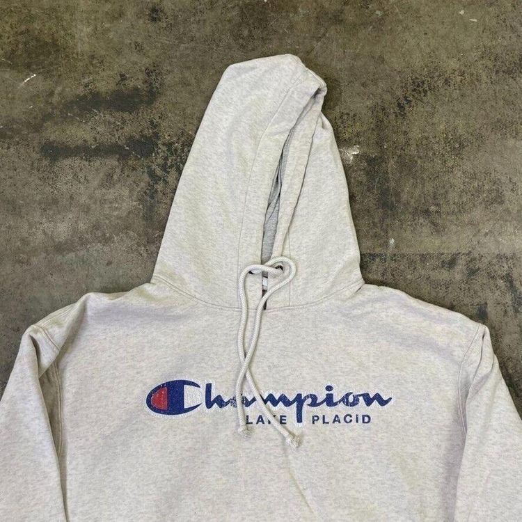 Champion Hoodie Lake Placid USA Vintage Y2K Sports Sweatshirt, Grey, Mens Large 2