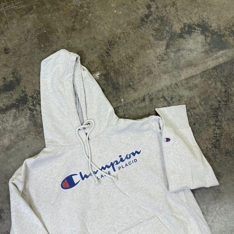 Champion Hoodie Lake Placid USA Vintage Y2K Sports Sweatshirt, Grey, Mens Large 3