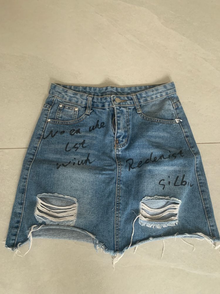 Other Denim Skirt With Distressed Details And Text Print product image