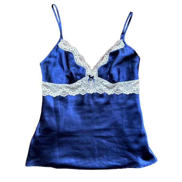 Boux Avenue Stunning silky royal blue cami top with cream lace trim and a bow/charm embellishment product image