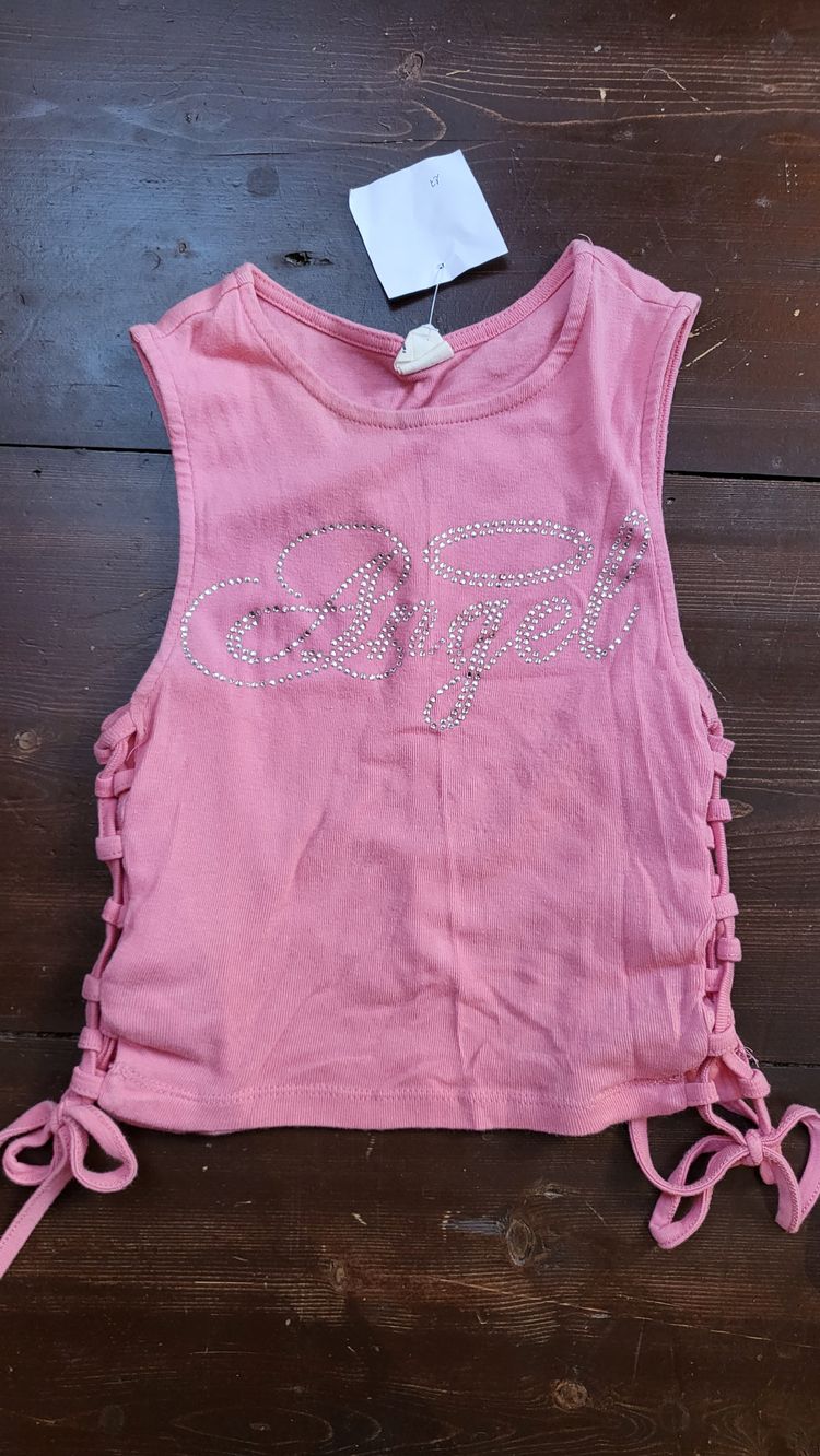 Pink Sleeveless Crop Top With Rhinestone 'Angel' Text image 4