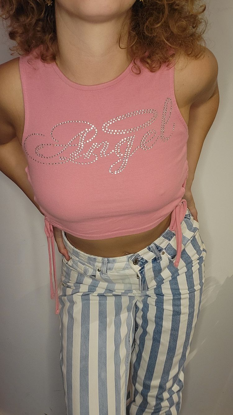 Pink Sleeveless Crop Top With Rhinestone 'Angel' Text image 2