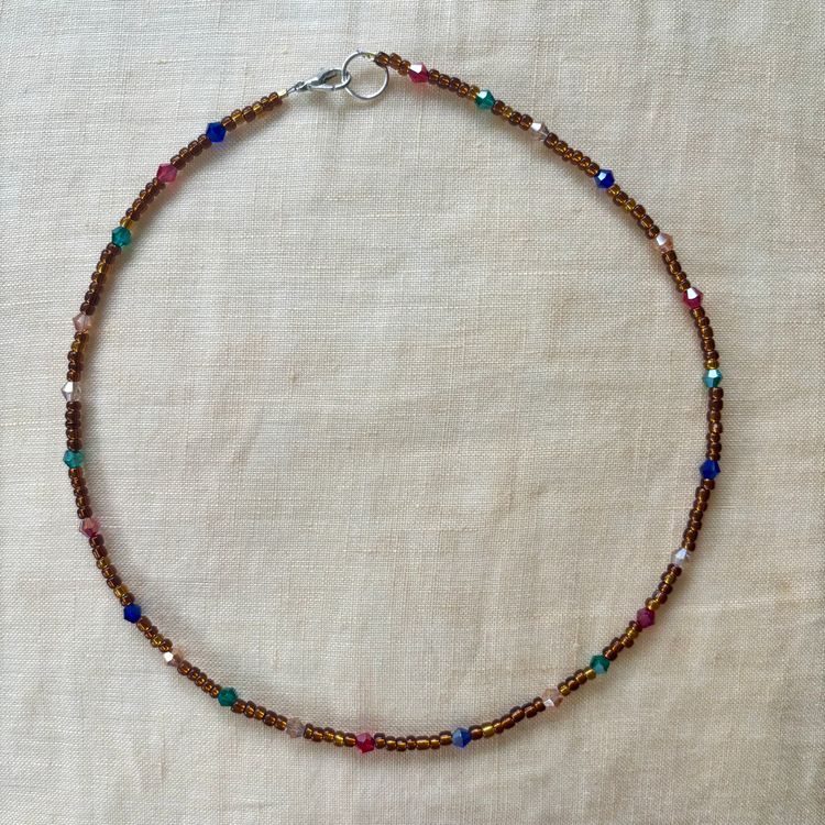 Other Beaded Necklace Amber Bead Necklace with Crystal Accents – 16” Warm Toned Choker product image