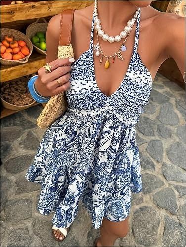 Blue And White Paisley Halter Neck Dress image 2